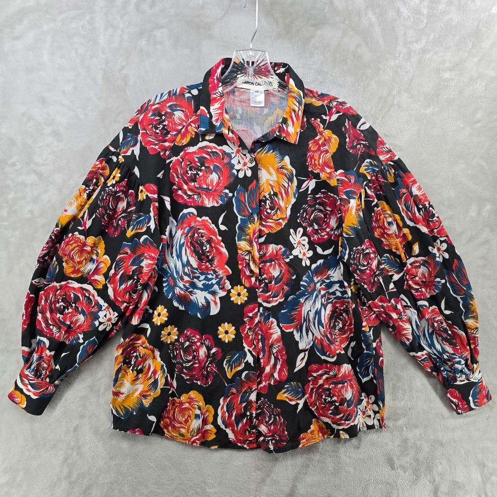Caron Callahan Womens XS Button Down Shirt Black Floral Puff Sleeve Cotton Top